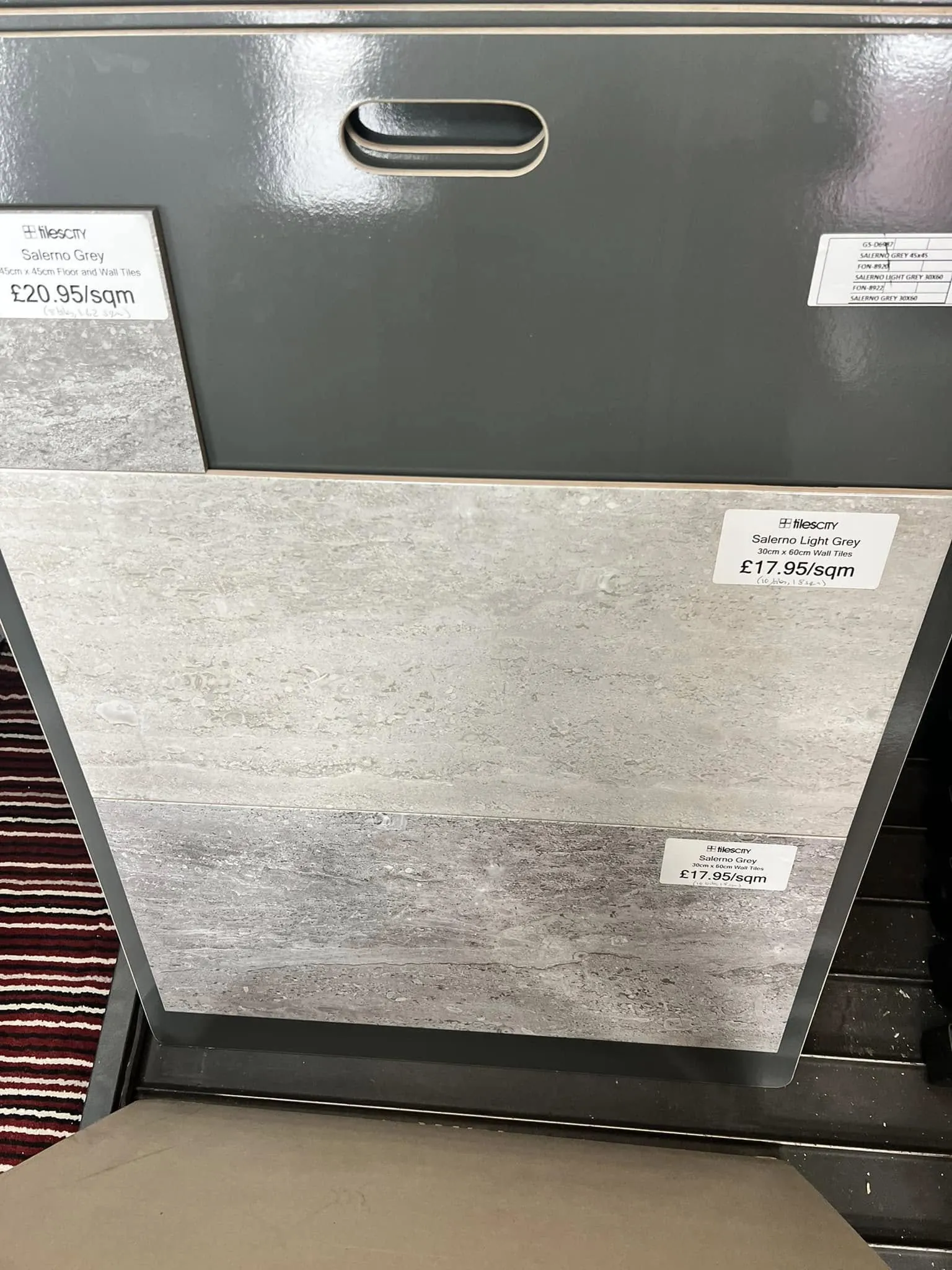 Tile samples on display in the Kundi showroom